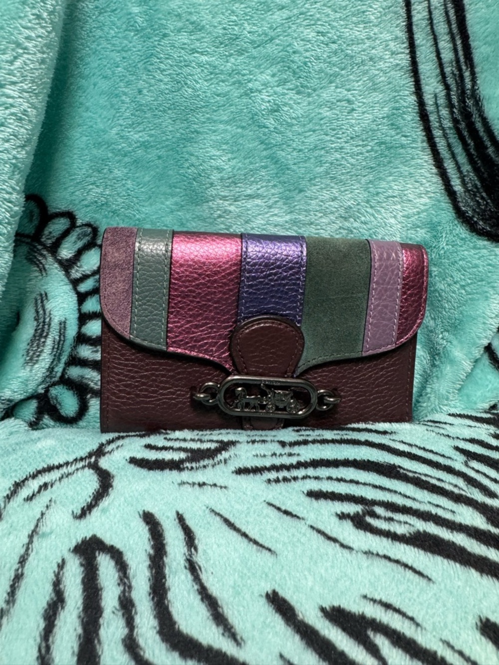 Final markdown Coach Burgundy wallet with Metallic Pink, Purple & Green Stripes